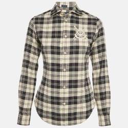 Pre Owned Ralph Lauren Navy Blue /Beige Flannel Cotton Blend Slim Fit Shirt S