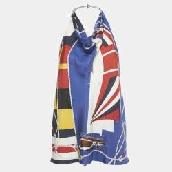 Pre Owned Ralph Lauren Navy Blue Nautical Print Silk Scarf Top XS