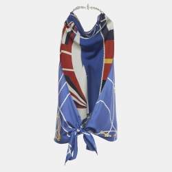 Pre Owned Ralph Lauren Navy Blue Nautical Print Silk Scarf Top XS