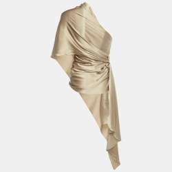 Pre Owned Ralph Lauren Gold Silk One Shoulder Asymmetric Detail Mackenzie Top M