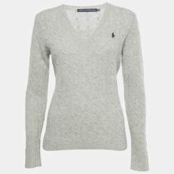 Pre Owned Polo Ralph Lauren Grey Cable Knit V-Neck Sweater M
