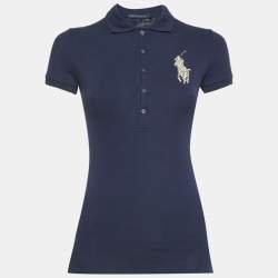 Pre Owned Ralph Lauren Blue Logo Metallic Embroidery Cotton Polo T-Shirt XS