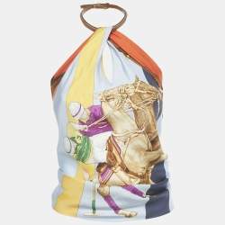 Pre Owned Ralph Lauren Multicolor Printed Silk Leather Trim Halter Neck Top XS