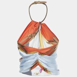 Pre Owned Ralph Lauren Multicolor Printed Silk Leather Trim Halter Neck Top XS