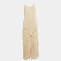 Pre Owned Ralph Lauren Beige Tulle Silk Ruffle Detail Maxi Dress S