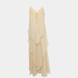 Pre Owned Ralph Lauren Beige Tulle Silk Ruffle Detail Maxi Dress S