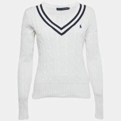 مملوكة مسبقًا Ralph Lauren Sports White Cable Knit V-Neck Sweater M