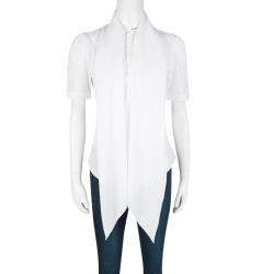 Pre Owned Ralph Lauren White Cotton Draped Collar Short Sleeve Blouse M