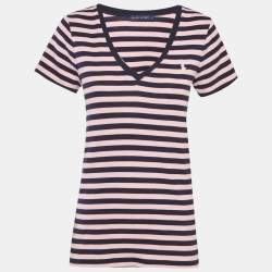 مملوكة مسبقًا Ralph Lauren Pink & Navy Blue Striped Cotton Knit V-Neckk T-Shirt L