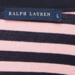 Pre Owned Ralph Lauren Pink & Navy Blue Striped Cotton Knit V-Neckk T-Shirt L