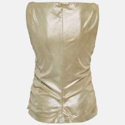 Pre Owned بلوزة رالف لورين بيوج ذات طباعة معدنية بدون أكمام من جلد سويدي مقاس متوسط