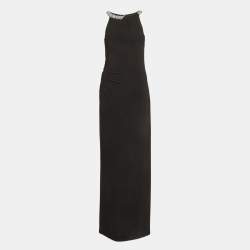 Pre Owned فستان لورين رالف لورين جيرسي مزين باللون الأسود بتفصيل شق ماكسي مقاس متوسط - ميديوم