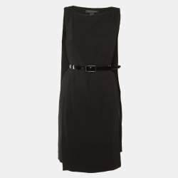 Pre Owned Ralph Lauren Black Crepe Cape Detail Belted Midi Dress M