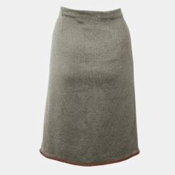 Pre Owned Ralph Lauren Grey Knit & Leather Trim Wrap Skirt M