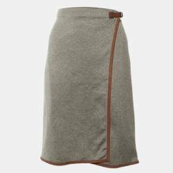 Pre Owned Ralph Lauren Grey Knit & Leather Trim Wrap Skirt M
