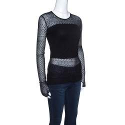 Pre Owned Ralph Lauren Black Patterned Silk Mesh Long Sleeve Top S