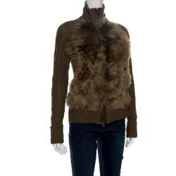 Pre Owned Ralph Lauren Brown Wool and Angora Knit Fur Panel Detail Zip Front Jacket XS