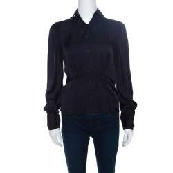 Pre Owned Ralph Lauren Navy Blue Silk Satin Pleat Detail Button Front Shirt S