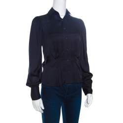 Pre Owned Ralph Lauren Navy Blue Silk Satin Pleat Detail Button Front Shirt S