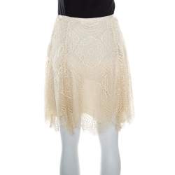 Pre Owned Ralph Lauren Beige Floral Scalloped Lace Flared Mini Skirt S