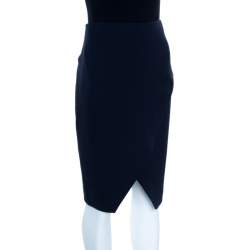 Pre Owned Ralph Lauren Navy Blue Silk Crepe Faux Wrap Kristen Skirt M