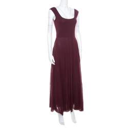 Pre Owned Ralph Lauren Burgundy Cotton Knit Sleeveless Fit and Flare Maxi Dress XS