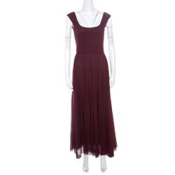 Pre Owned Ralph Lauren Burgundy Cotton Knit Sleeveless Fit and Flare Maxi Dress XS