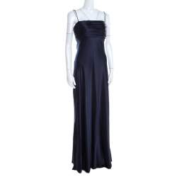 Pre Owned Ralph Lauren Midnight Blue Silk Pleated Bandeaux Bodice Evening Gown S