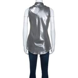 Pre Owned Ralph Lauren Silver Silk Blend Tie Neck Detail Button Front Top M