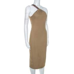 Pre Owned Ralph Lauren Khaki Stretch Knit One Shoulder Midi Dress S
