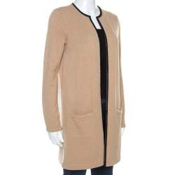 Pre Owned Ralph Lauren Beige Cashmere Knit Leather Trim Cardigan M