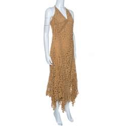 Pre Owned Ralph Lauren Tan Brown Silk Lined Lace Halter Dress M