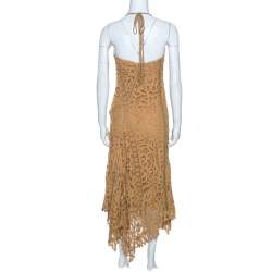 Pre Owned Ralph Lauren Tan Brown Silk Lined Lace Halter Dress M