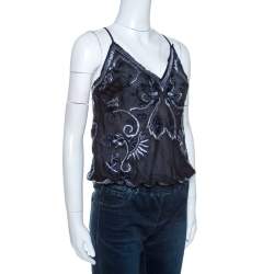 Pre Owned Ralph Lauren Navy Blue Embroidered Silk Drawstring Waist Detail Camisole M 