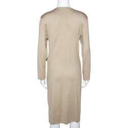 Pre Owned Ralph Laurent Beige Silk Knit Leather Strap Detail Fitted Dress L