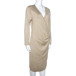 Pre Owned Ralph Laurent Beige Silk Knit Leather Strap Detail Fitted Dress L