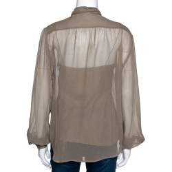 Pre Owned Ralph Lauren Khaki Silk Bow Tie Front Sheer Blouse S