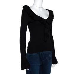 Pre Owned Ralph Lauren Black Ruffled Silk Knit Fitted Top M