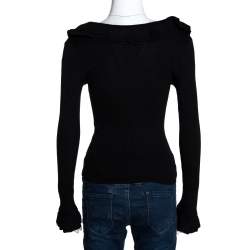 Pre Owned Ralph Lauren Black Ruffled Silk Knit Fitted Top M