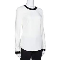 Pre Owned Ralph Lauren Off White Crepe Contrast Leather Trim Blouse S