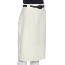 Pre Owned Ralph Lauren Cream Wool Crepe Belted Skirt L