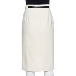 Pre Owned Ralph Lauren Cream Wool Crepe Belted Skirt L