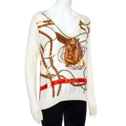 Pre Owned Ralph Lauren Cream Bridle Print Silk & Knit Jumper L