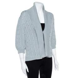 Pre Owned Ralph Lauren Pale Blue Cotton Cable Knit Shawl Lapel Cardigan L