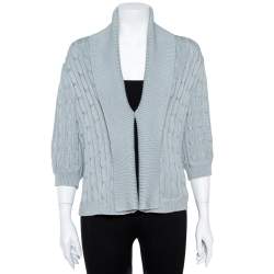 Pre Owned Ralph Lauren Pale Blue Cotton Cable Knit Shawl Lapel Cardigan L