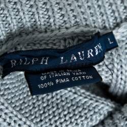 Pre Owned Ralph Lauren Pale Blue Cotton Cable Knit Shawl Lapel Cardigan L