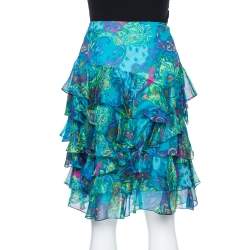 Pre Owned Ralph Lauren Blue Printed Silk Ruffle Detail Mini Skirt S