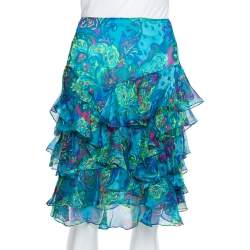 Pre Owned Ralph Lauren Blue Printed Silk Ruffle Detail Short Skirt M