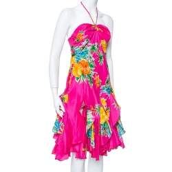 Pre Owned Ralph Lauren Magenta Tropical printed Silk Halter Neck Mini Dress S