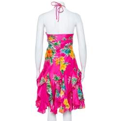 Pre Owned Ralph Lauren Magenta Tropical printed Silk Halter Neck Mini Dress S